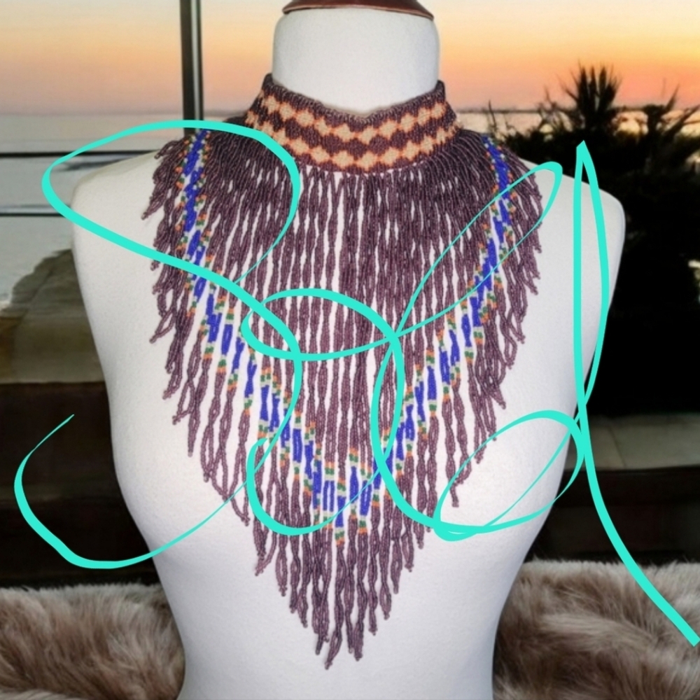 Artisan Handcrafted Columbian Twisted Long Fringe Collar Necklace Amethyst Glass